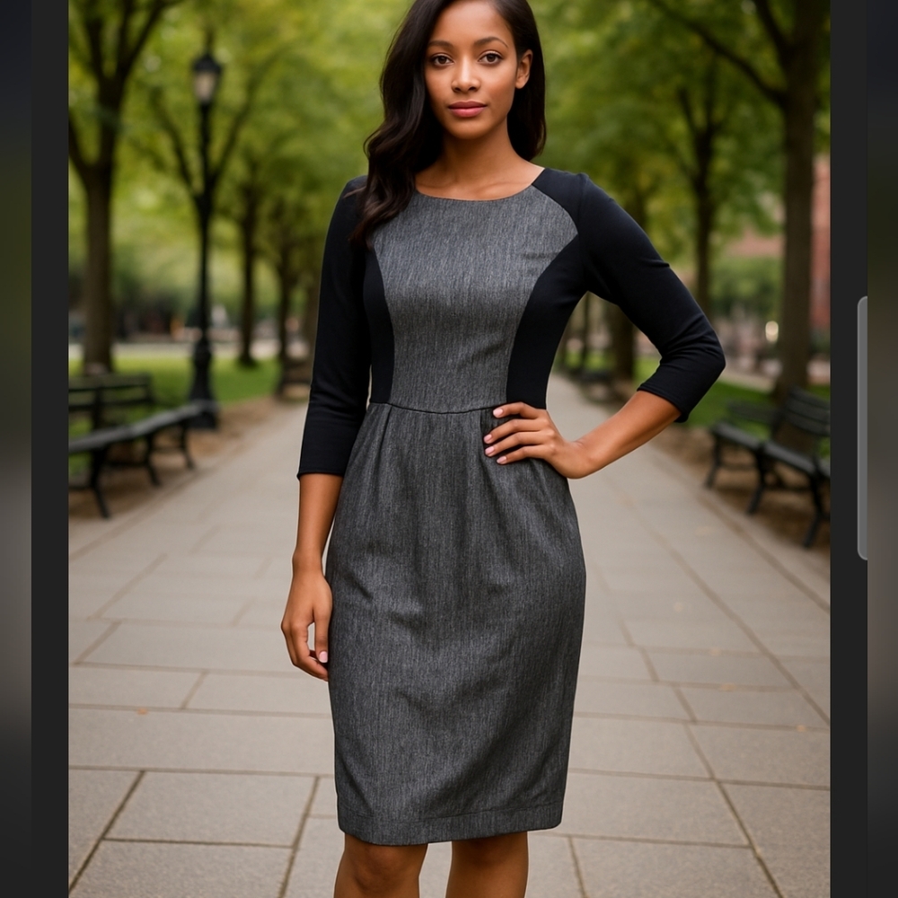 Zara Woman Colorblock Sheath Dress 3/4 Sleeves Gray / Black